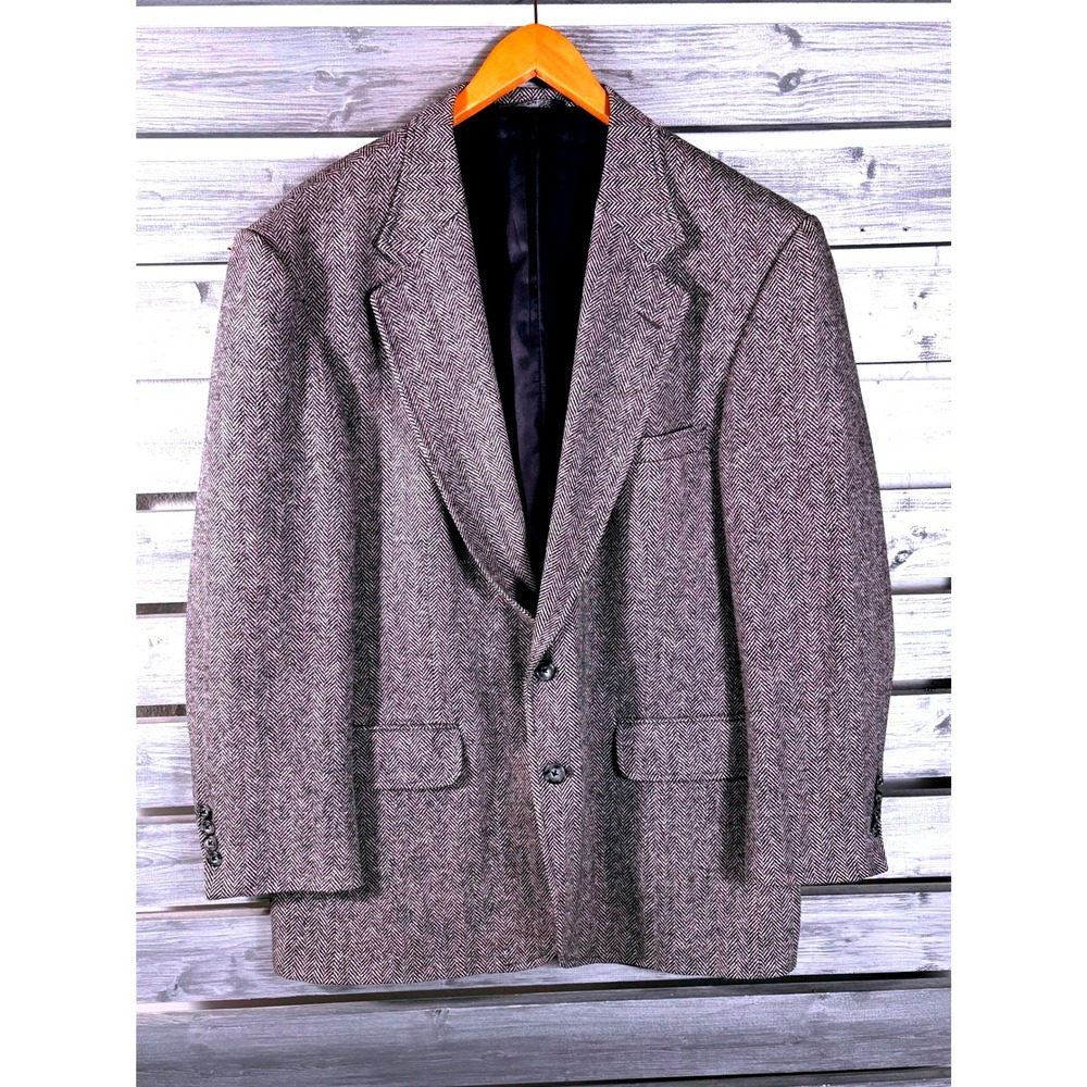 Vintage Lands End Mens 44R Wool Tweed Herringbone Blazer Sport Coat Gray